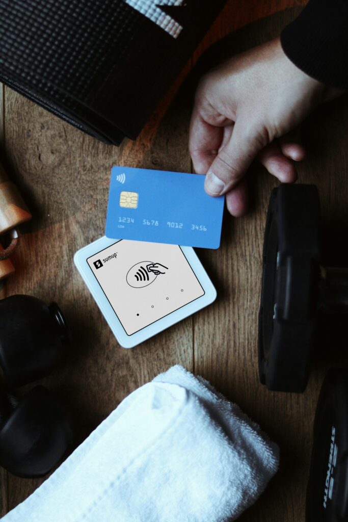 Card payment for a gym membership is shown.